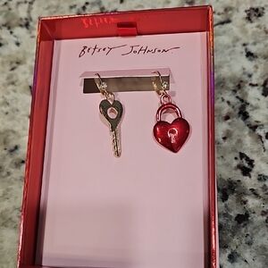 Betsey Johnson Silver Key and Red Heart Earrings